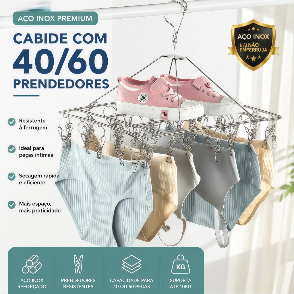 Varal de Teto Suspenso Inox 40 / 60 Pregadores Organizador Lavanderia Apartamento Salva Espaço