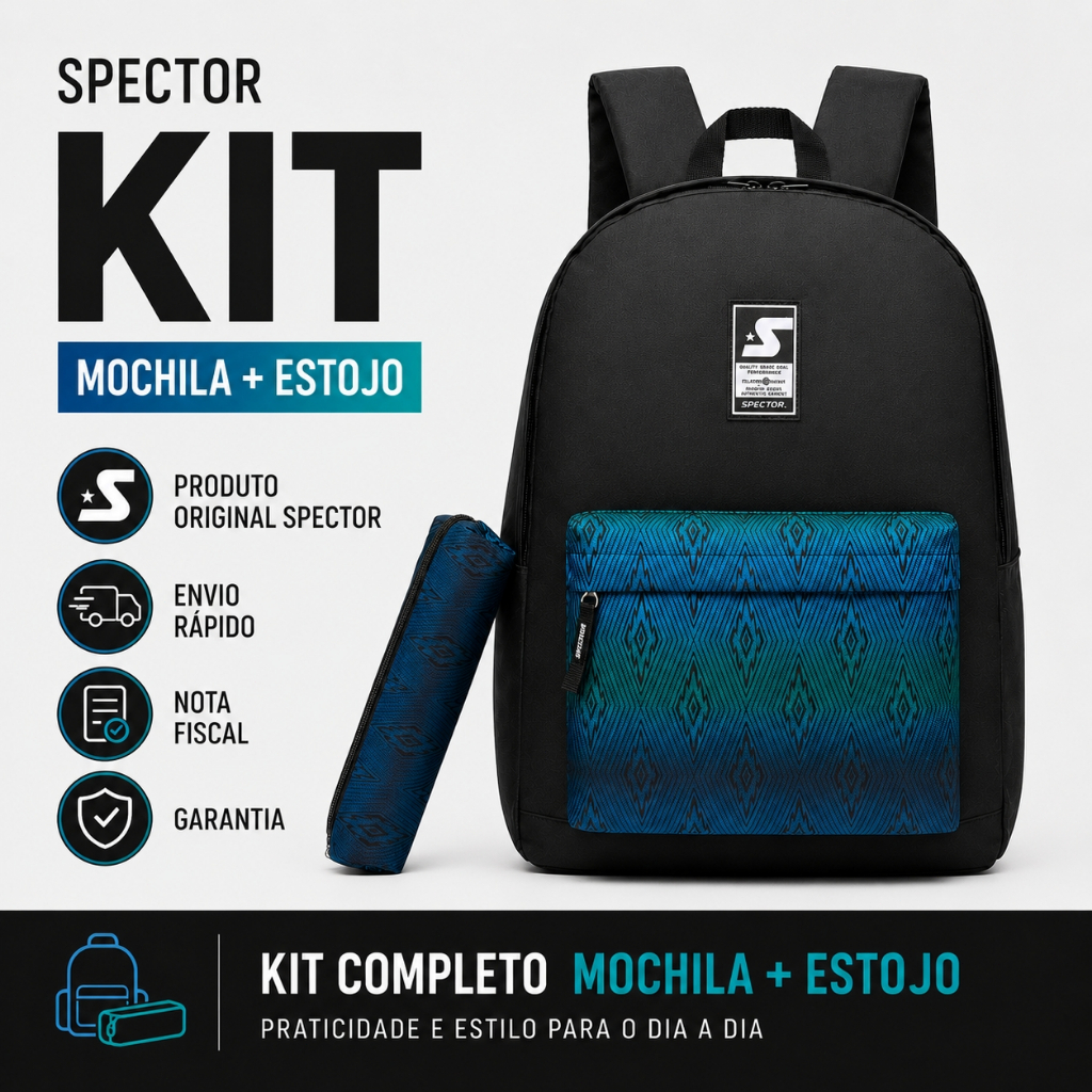 Mochila Spector Preta Estojo Escolar Reforçado Juvenil Faculdade Espaçosa