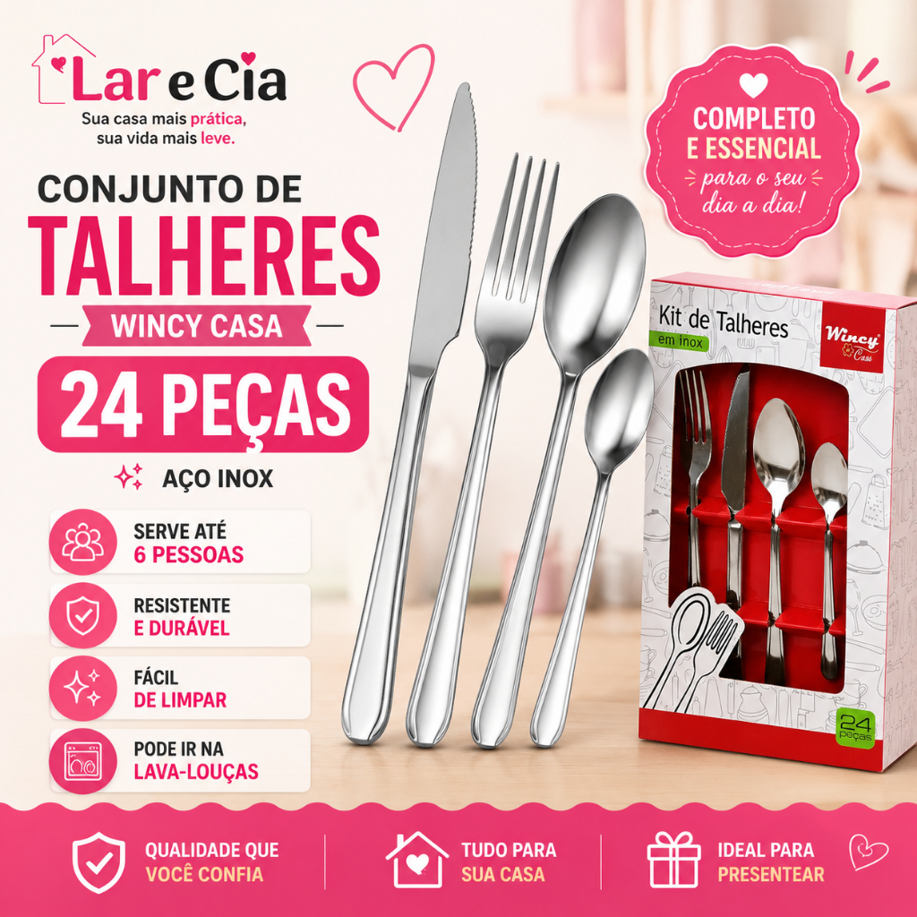 Jogo De Talheres Inox 24 Peças Wincy Casa Completo Serve 6 Pessoas Cozinha Mesa Jantar