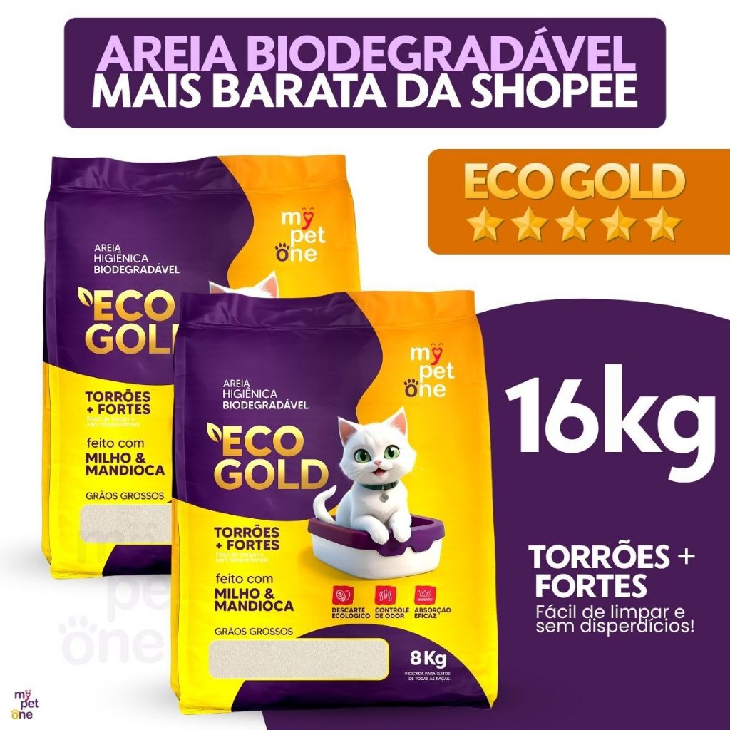 Kit 2 Areia Biodegradável Milho e Mandioca para Gatos Cat Bio Eco Gold Grãos Grossos MyPetOne - 16Kg