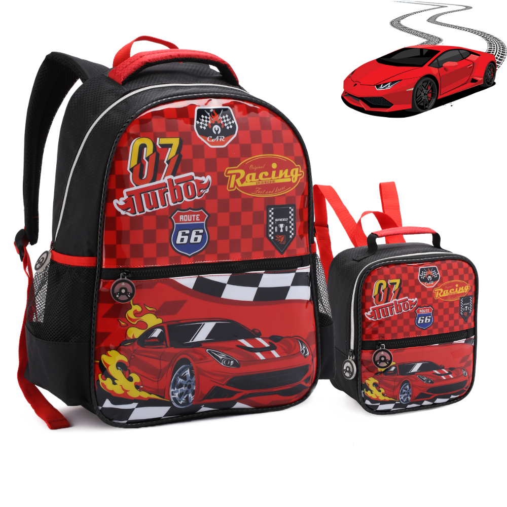 Mochila Infantil Menino Escolar Carros Turbo Costas Kit Com Lancheira Térmica e Estojo Duplo