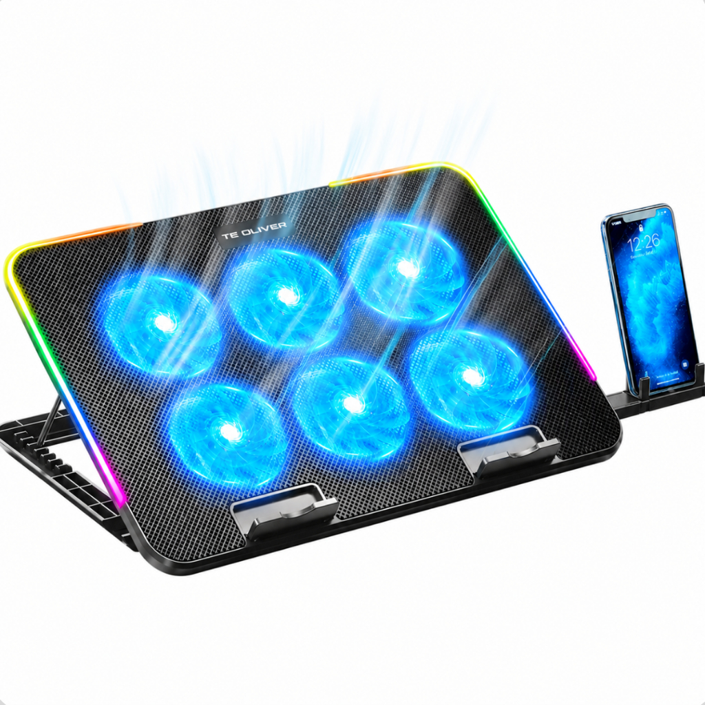 Suporte 6 Cooler Notebook Gamer com LED RGB ErgonômicoBase Refrigeradora Laptop Ventoinha
