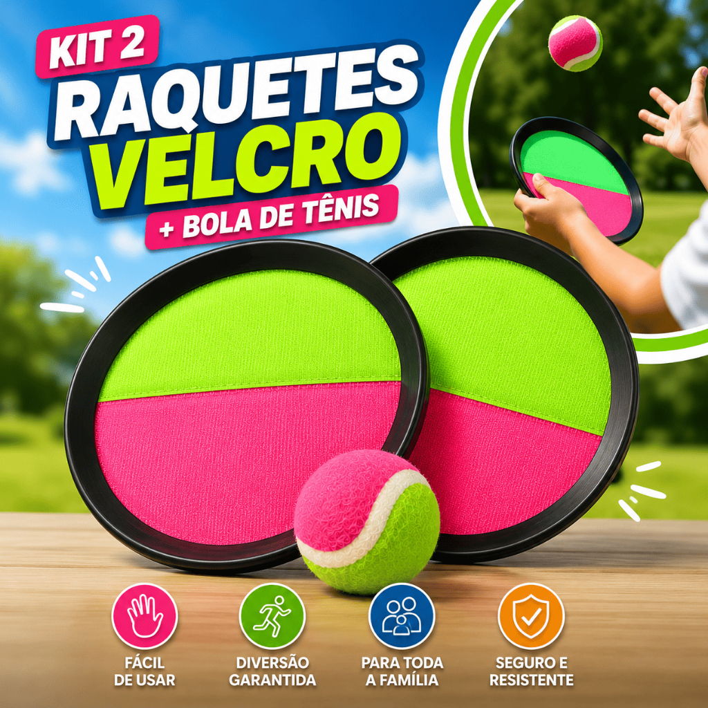 Kit 2 Raquetes Velcro Bola - Jogar ao Ar Livre Esporte Infantil Pais Filhos Férias Verão Bolinha