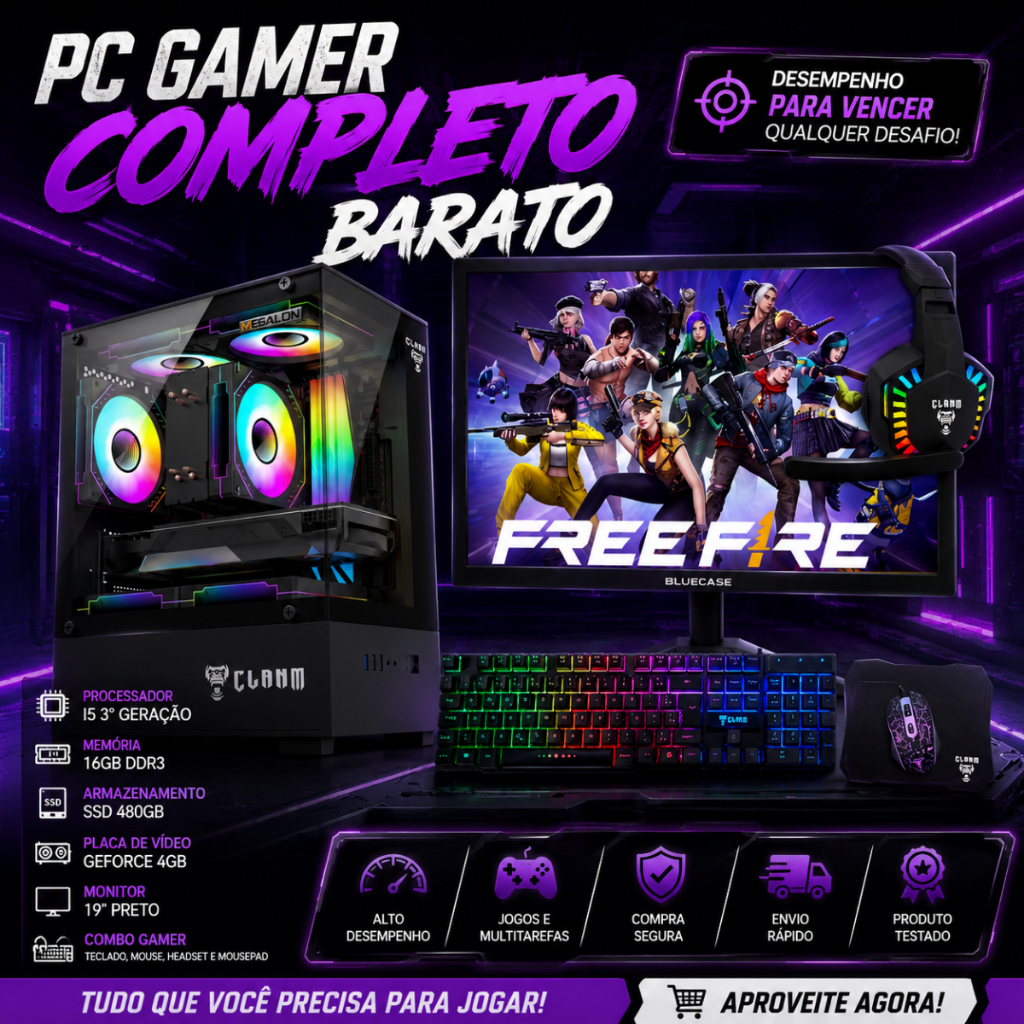 PC Gamer Completo Barato I5 3° 16gb Ddr3 + Ssd 480GB + Geforce 4gb + Monitor 19 Preto + Combo Gamer