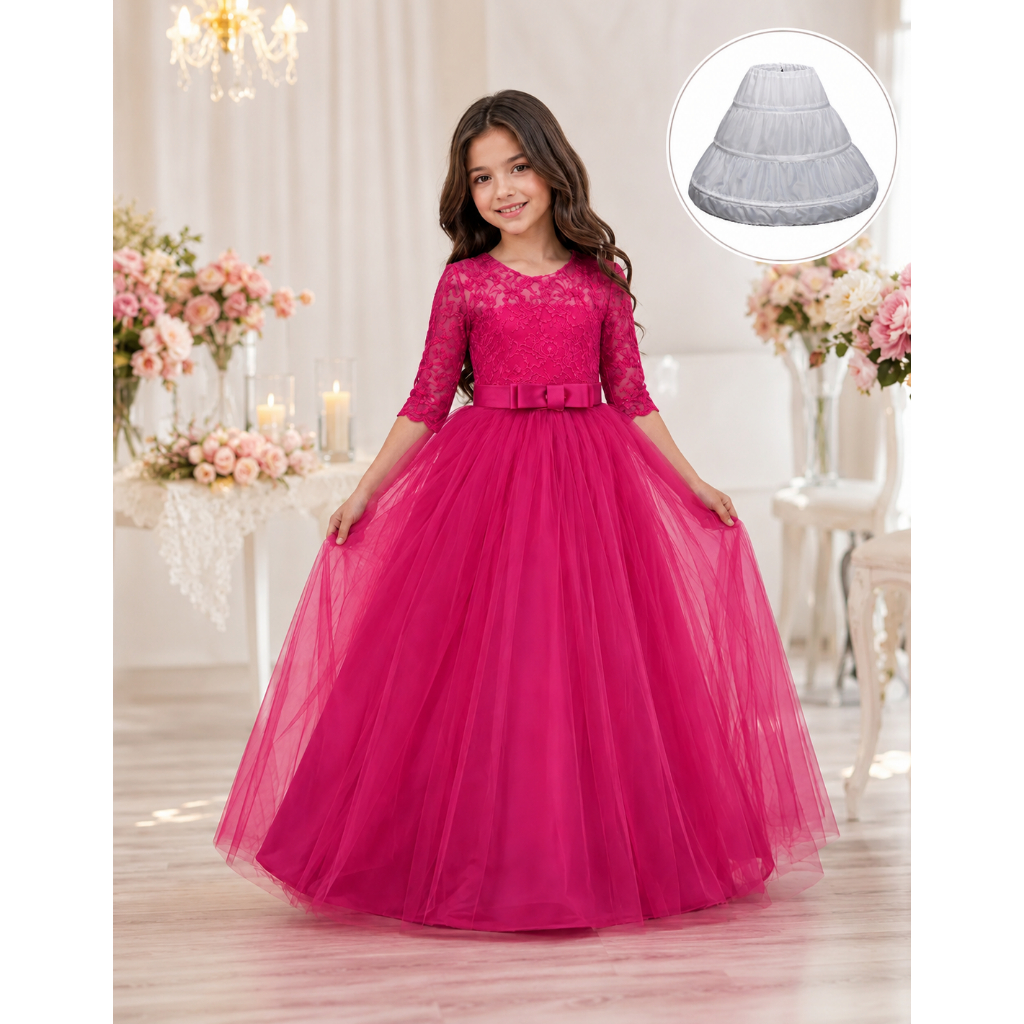 Vestido Longo Infantil + Saiote Armação Festa Daminha Renda