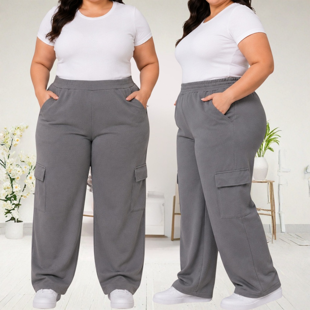 Calça Cargo Plus Size Feminina Alfaiataria Wide Leg Cintura Alta Bolsos Laterais ConfortávelElegante