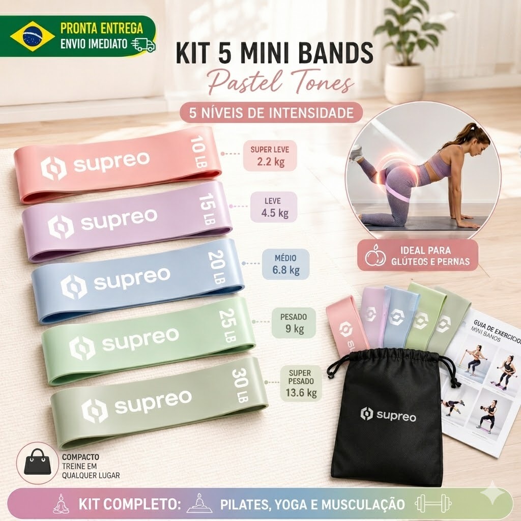 Kit 5 Mini Bands Elástico com 5 Níveis de Resistência