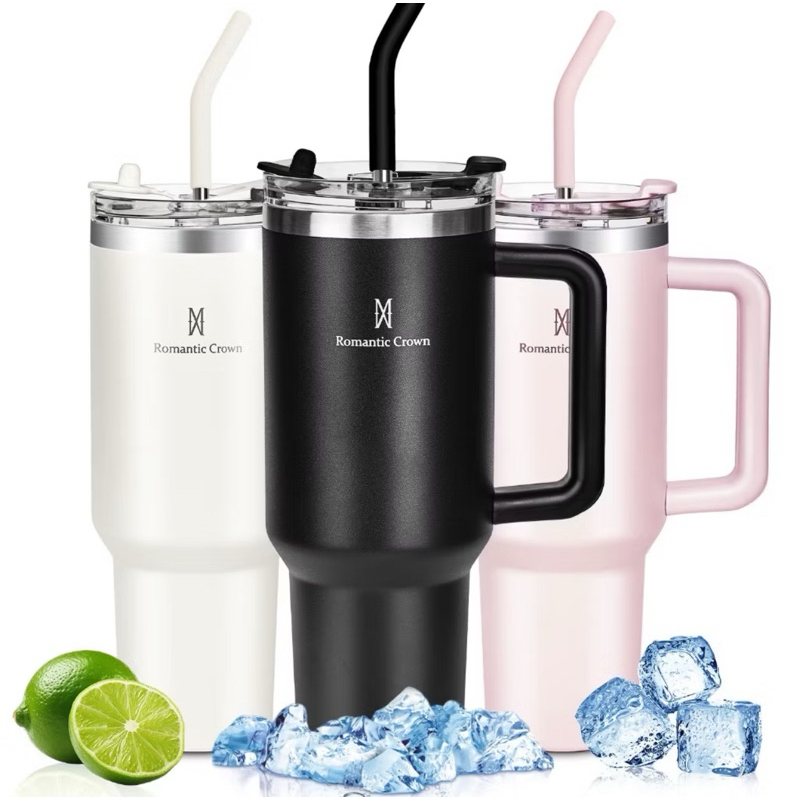 KIT 3 ROMANTIC CROWN Copo Térmico Inox Portátil 1200ml Garrafa Térmica Inoxidável com Tampa e Canudo