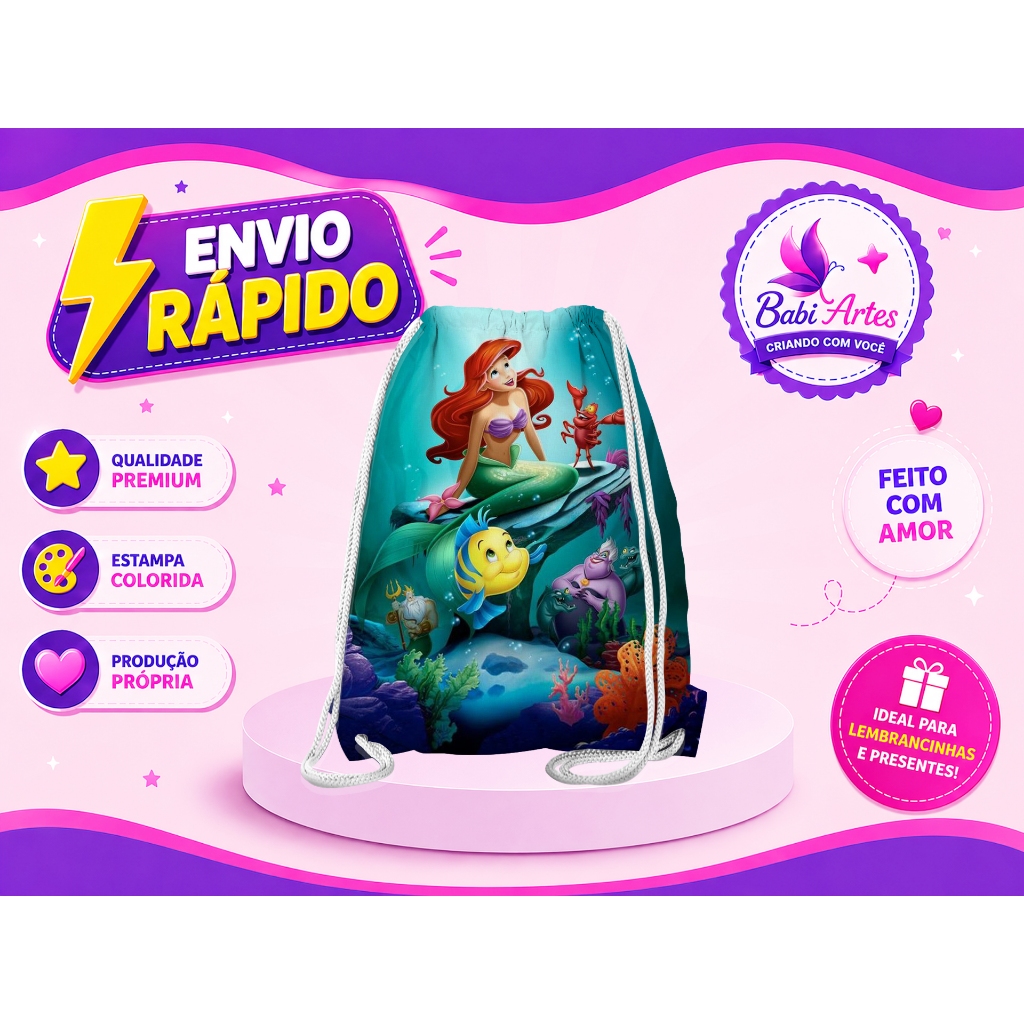 Mochilinha A Pequena Sereia Festa Aniversário Lembrancinha Saquinho Infantil Envio Rápido