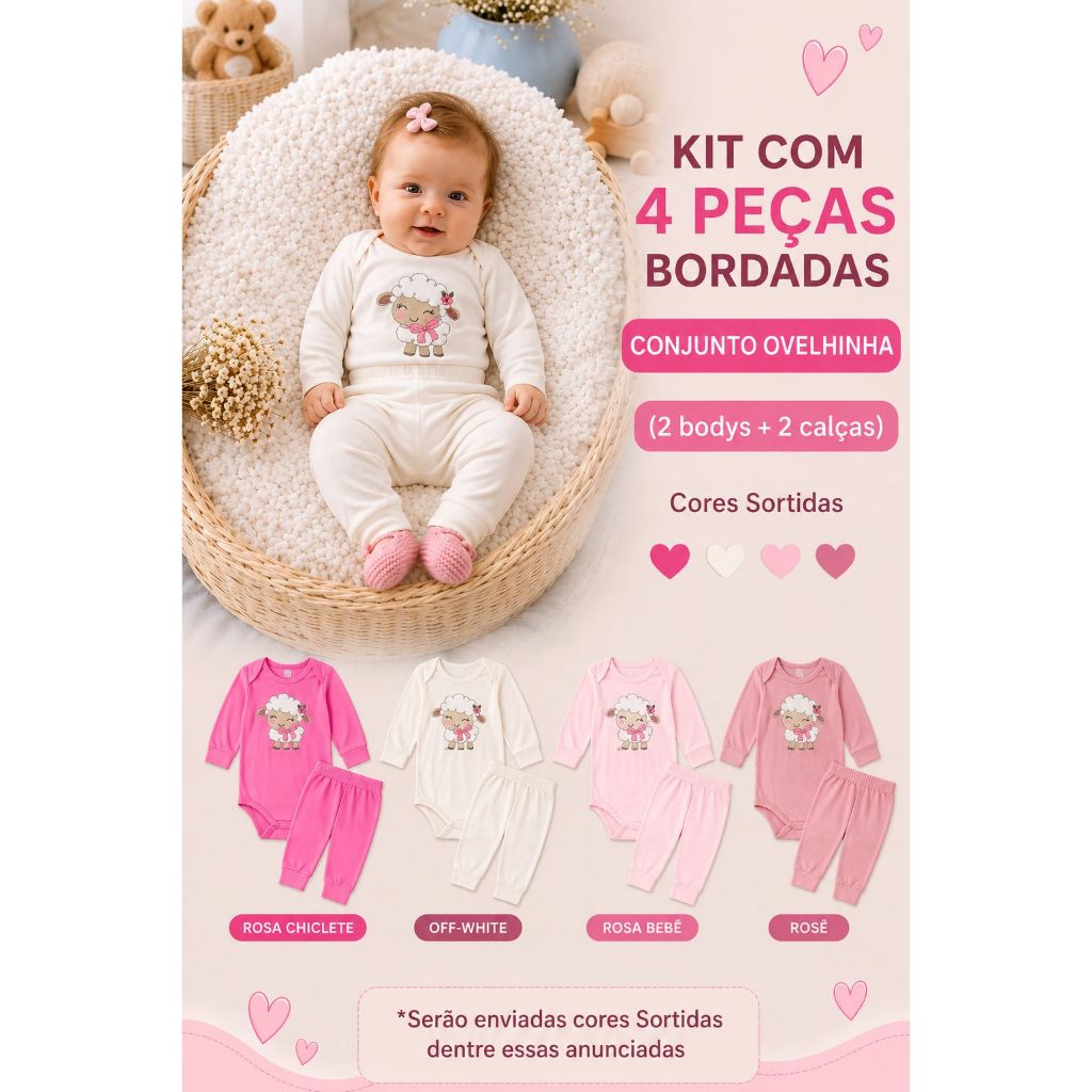 Kit Body Calça 4 peças  Bebê Enxoval Bordado Bailarina, Ovelha ou Girafa - 2 Conj. (2 Body e 2 Calça) Malha 100% Algodão