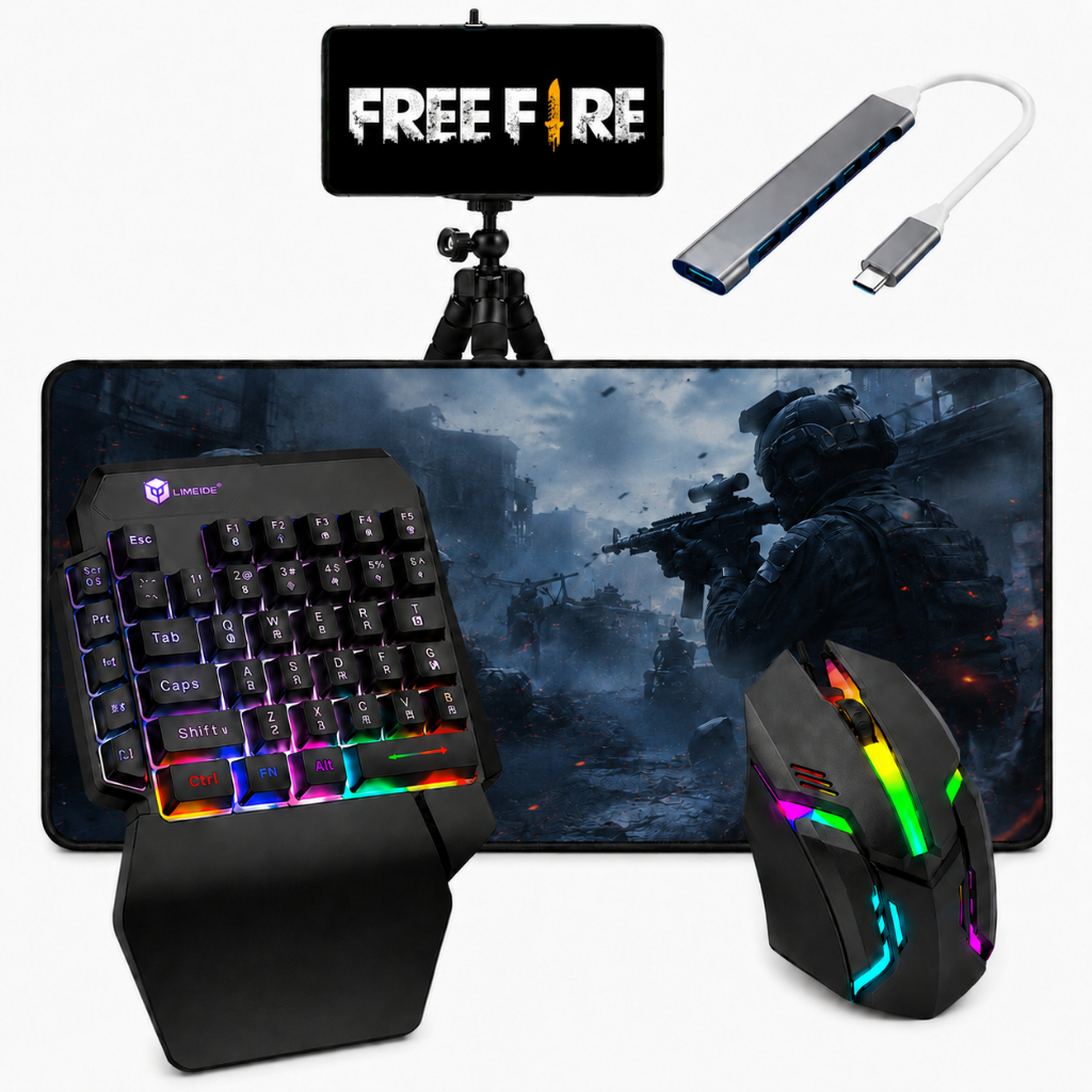 Kit Gamer Mobilador Completo Hub Tipo C Teclado Mouse 1600 DPI Mousepad 30x90cm Suporte Tripé