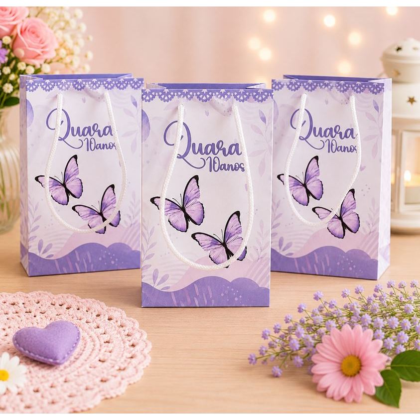 Sacolinhas Personalizadas Borboleta  Lilas/ Lembrancinhas festa Infantil Minha  Borboletas Roxa Peque e Monte Menina