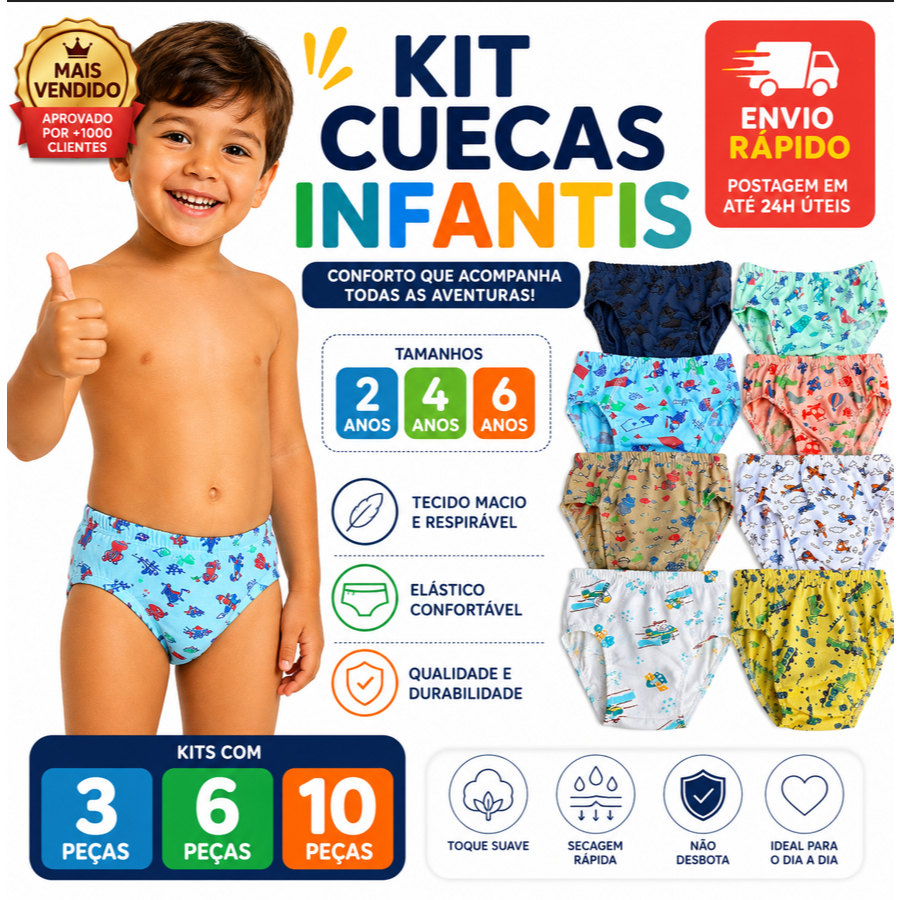 Kit 3 Cuecas Infantis Menino - Cueca Menino - Cueca Infantil - Cueca Bebê - Moda Intima Infantil/ Cueca Criança