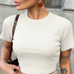 Cropped Feminino Manga Curta Canelado Premium
