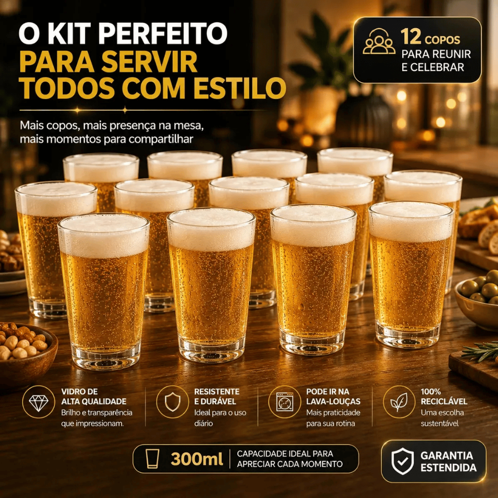 Jogo 12 Copos De Vidro Caldereta Cerveja 300ml Refrigerante Bar Drink Transparente Choop