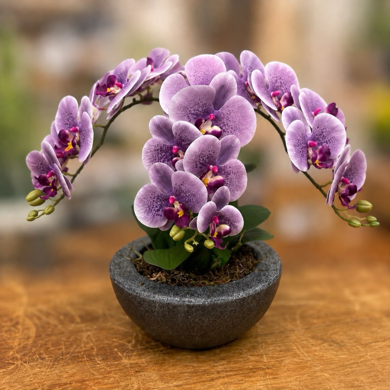 Arranjo Orquídea Silicone Toque Real 3D Vaso Decorativo Montado Centro de Mesa Flor Artificial Lilas