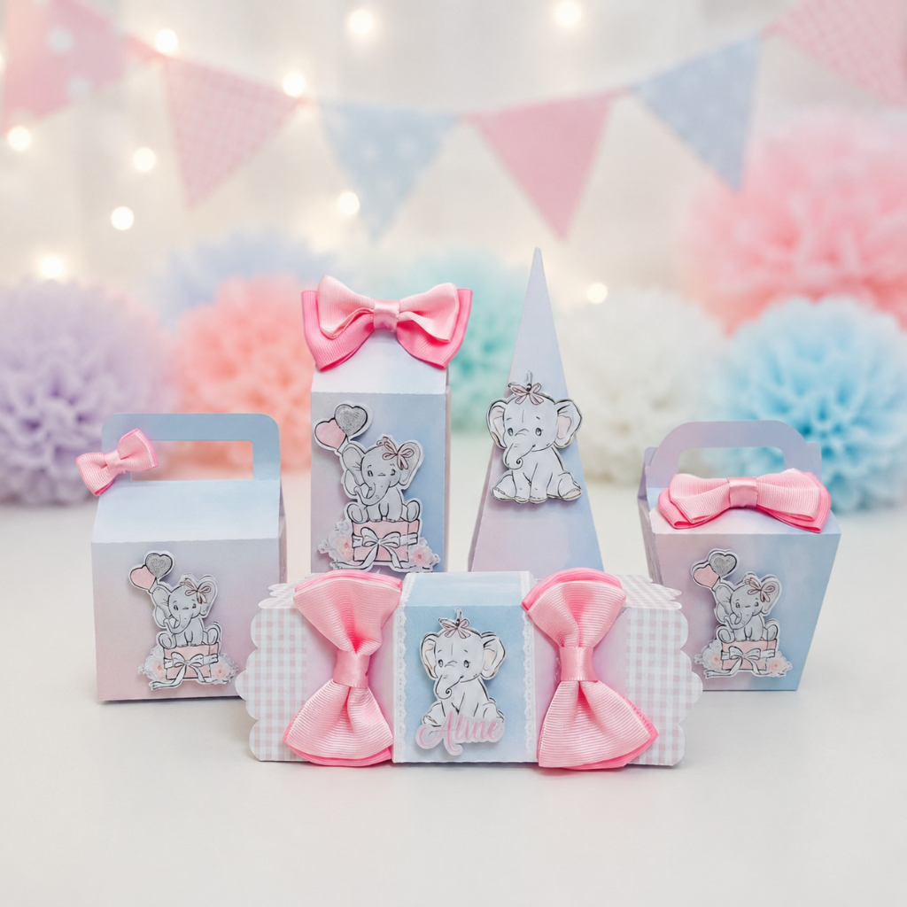 Kit Festa Elefantinho Rosa Lembrancinhas Personalizadas Caixinhas Para Doces Aniversário Infantil Chá de Bebê