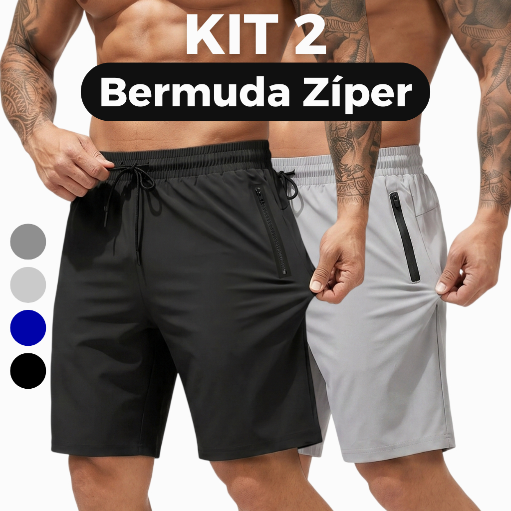 KIT 2 BERMUDAS TACTEL COM ZIPER Para Academia com Elastano SHORTS com ziper alta qualidade