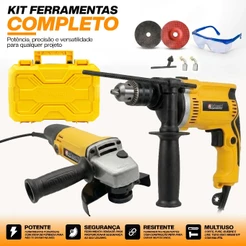 Kit Furadeira Parafusadeira Profissional 1000w + Lixadeira Esmerilhadeira 1000w Com Maleta 25 Peças Nakasaki