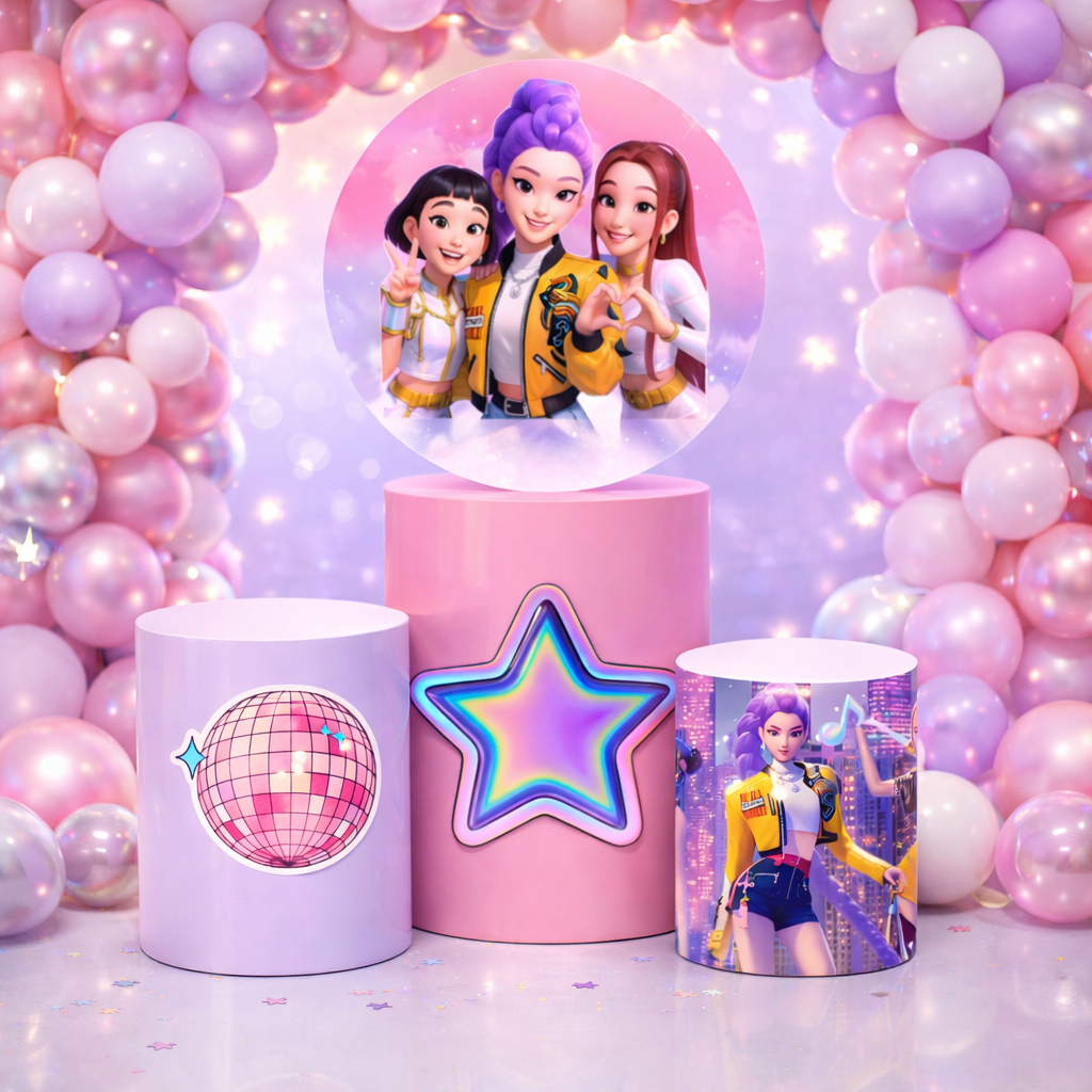 Kit Painel de Festa Redondo Tema Guerreiras do K-POP Com Elástico Veste Facil
