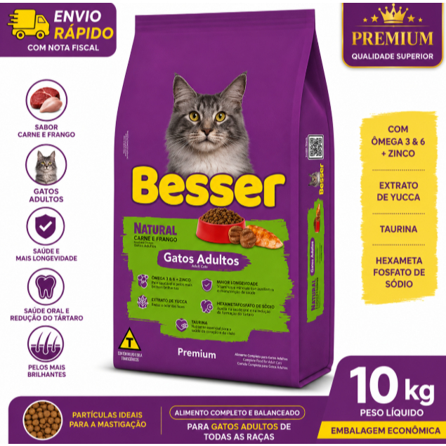Ração Seca Besser Natural Premium para Gatos Adultos Carne e Frango 10kg