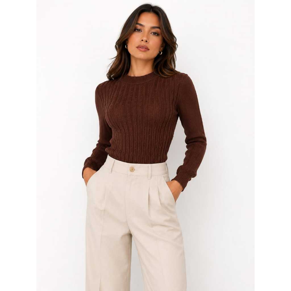 Blusa feminina Canelada  manga longa Blusa de Inverno  Tricot Elegante Casual Roupa Inverno