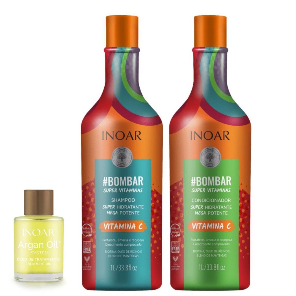 KIT INOAR BOMBAR SHAMPOO 1L+CONDICIONADOR 1L+ gratis oleo argan 7ml
