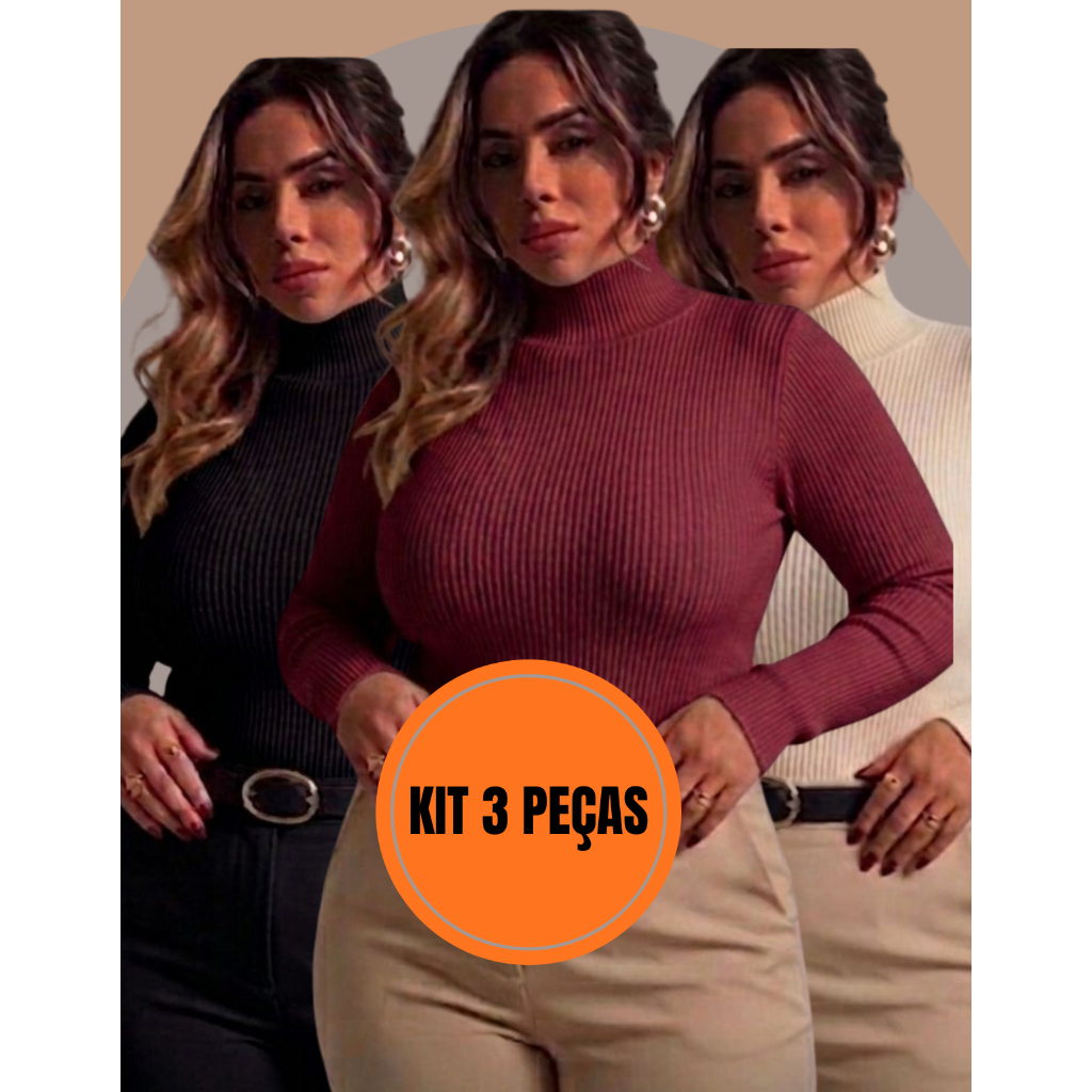 Kit 3 Blusa Cacharrel Feminina Gola Alta Canelada Manga Longa Inverno Segunda Pele