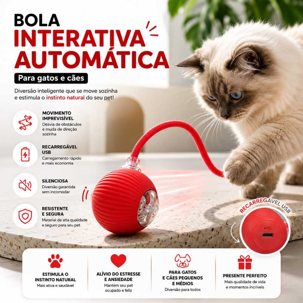 Bola Interativa Automática USB Recarregável para Gatos e Cães Brinquedo Inteligente Pet