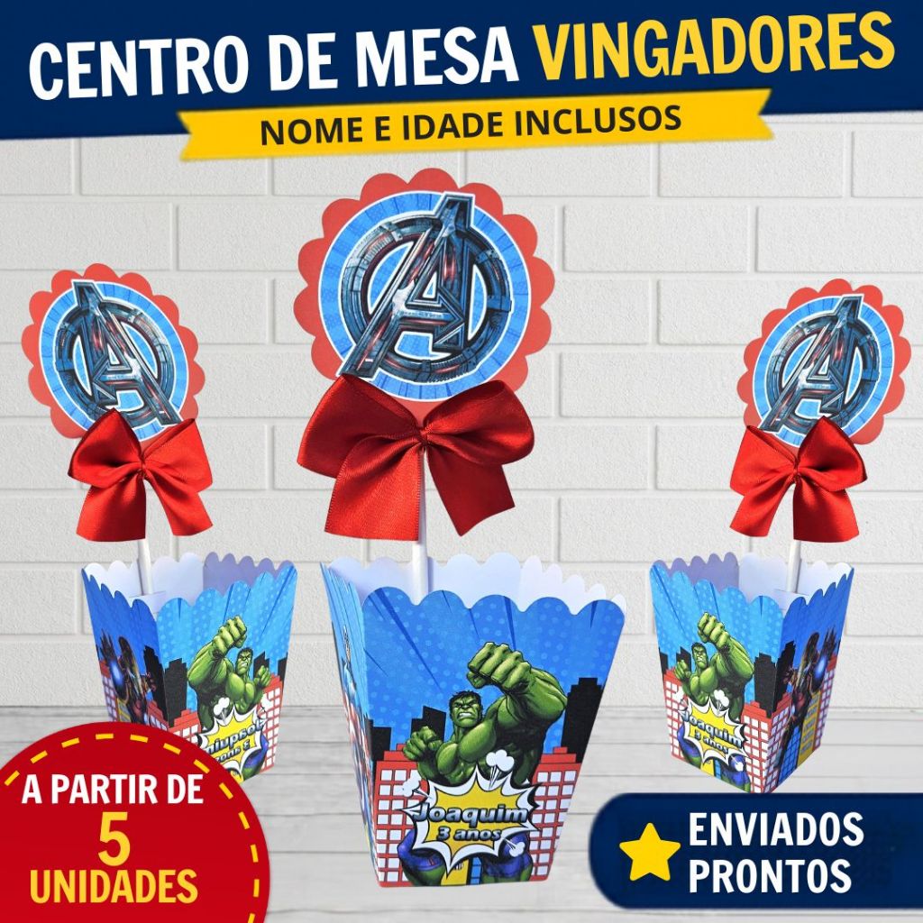Kit Centro de Mesa Vingadores Personalizado | Enfeite de Mesa Cachepo | Lembrancinha Festa Infantil