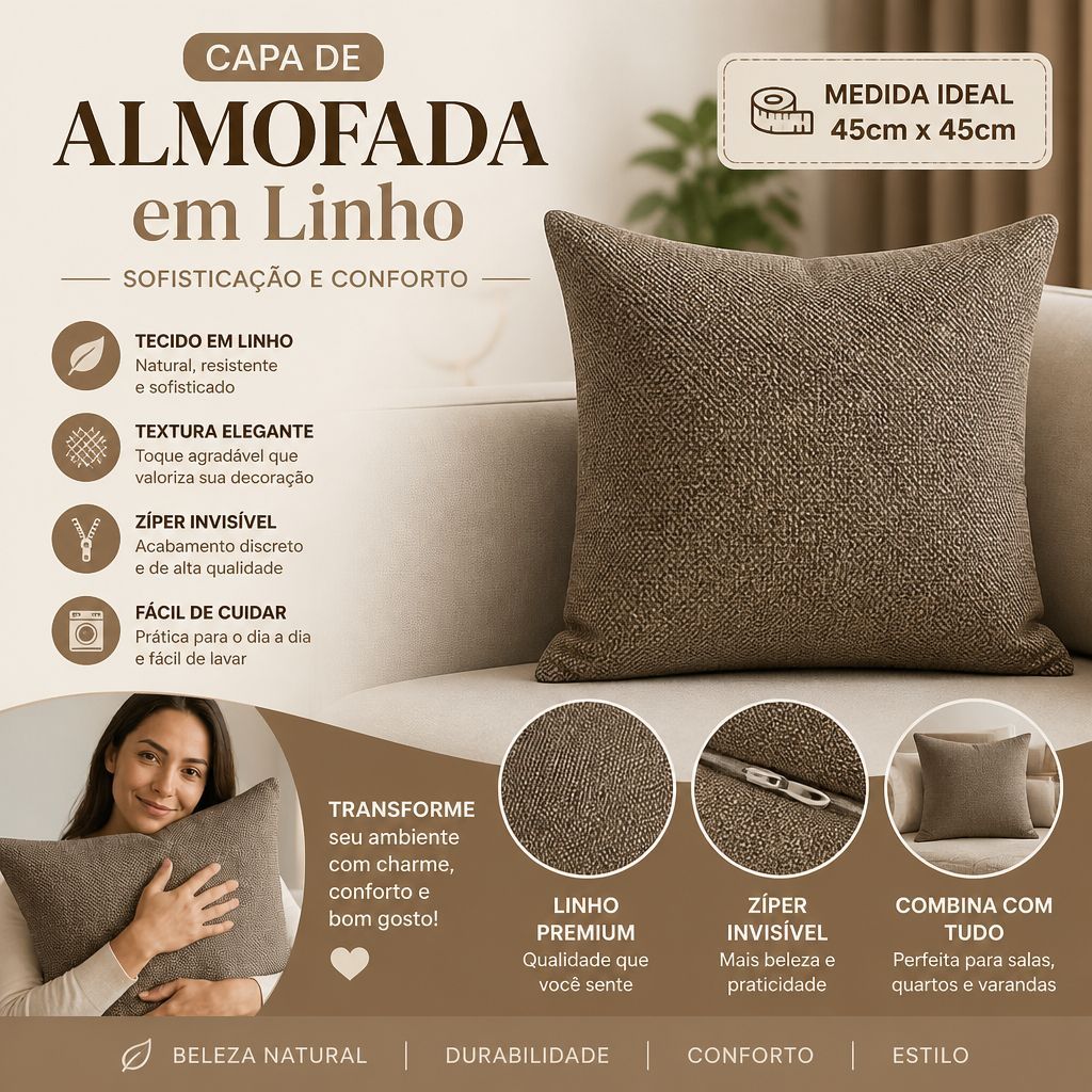 Kit 2 até 4 Capas de Almofadas em Linho 100% Poliéster 45x45 Zíper Invisível Decorativa - ENVIO RÁPIDO