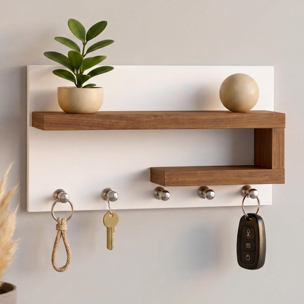 Porta Chaves Organizador com Prateleira decorativa – Design Moderno em MDF Branco e amadeirado