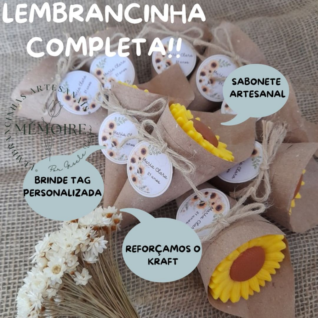 KIT 50 LEMBRANCINHAS GIRASSOL KRAFT SABONETE ARTESANAL CASAMENTO 15 ANOS BODAS MATERNIDADE PERSONALIZADO