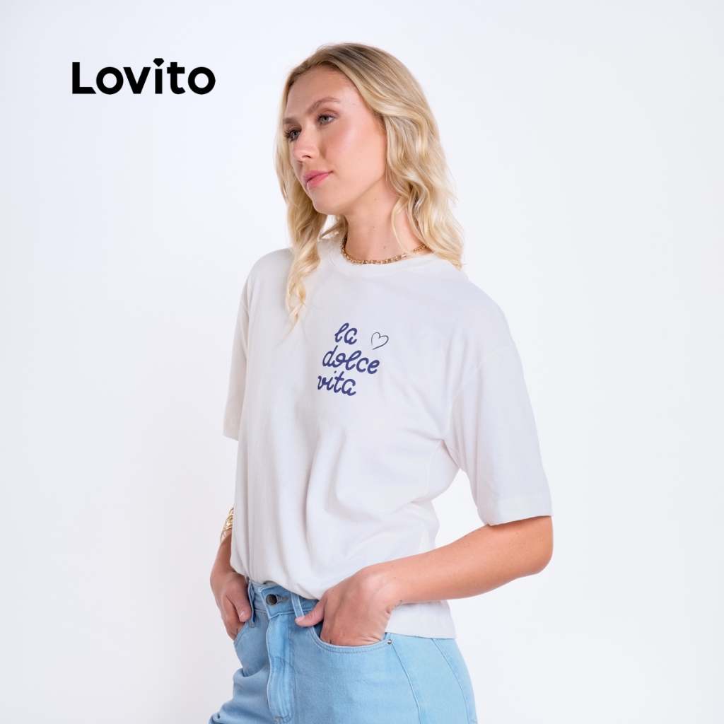 Lovito Camiseta 100% Algodao Casual Moda Feminina com Estampa La Dolce BRTSB1931
