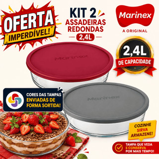 Kit Jogo 2 /Forma Assadeira Marinex Redonda 2,4L com Tampa  Cores Sortidas Vidro Temperado Forno