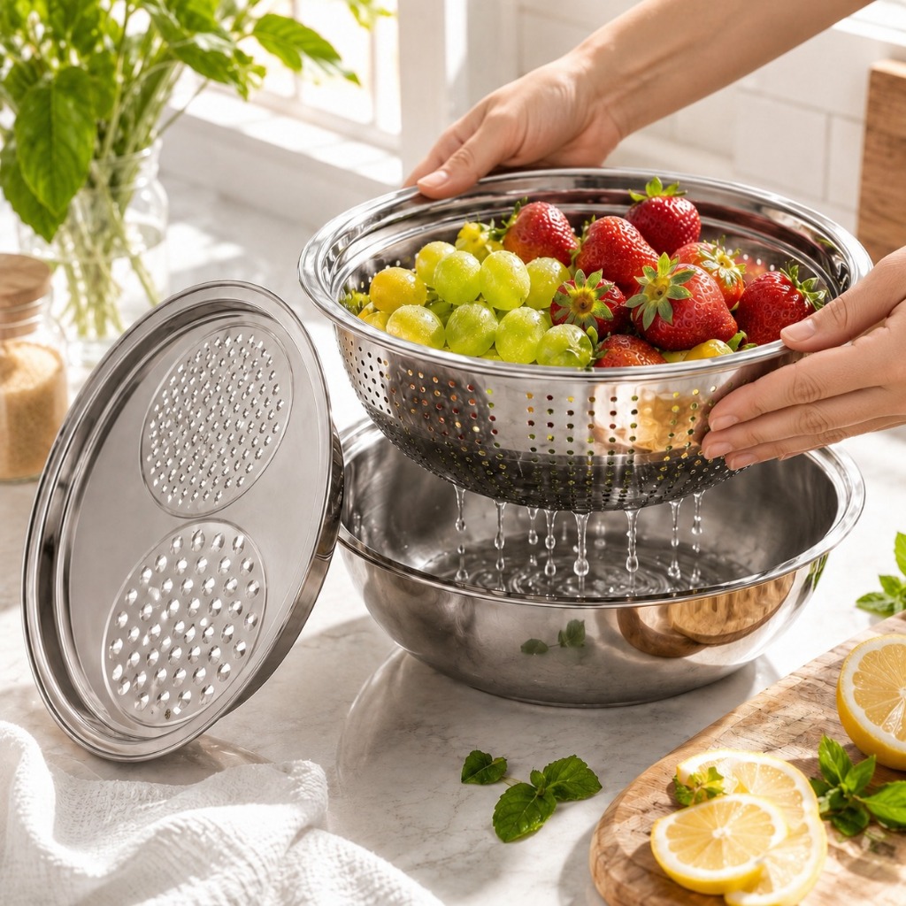 Ralador Escorredor Inox 3 em 1 Com Tigela e Bacia Para Cozinha
