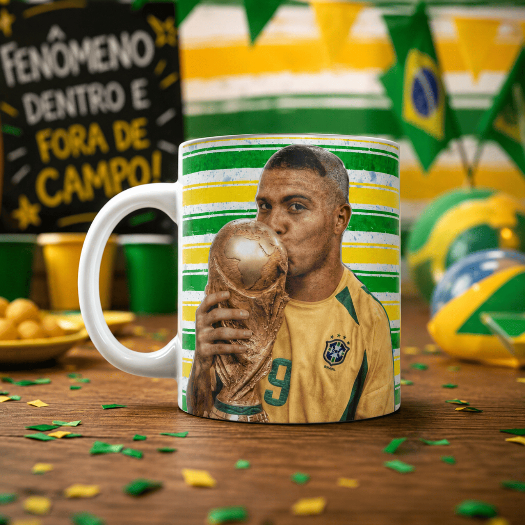 Caneca Ronaldo Fenômeno 325ml – Campeão do Mundo 2002 | Presente para Torcedores da Seleção Brasileira