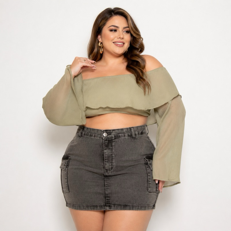 Saia Jeans Cargo Feminina Plus Size Cintura Alta com Lycra Curta Bolso Lateral Modeladora Premium