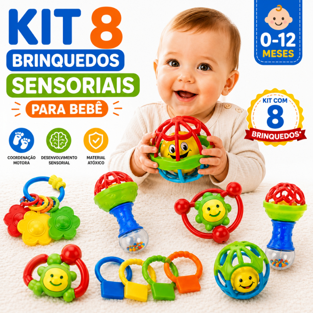Kit Sensorial Bebê Mordedor E Chocalho Montessori Seguro
