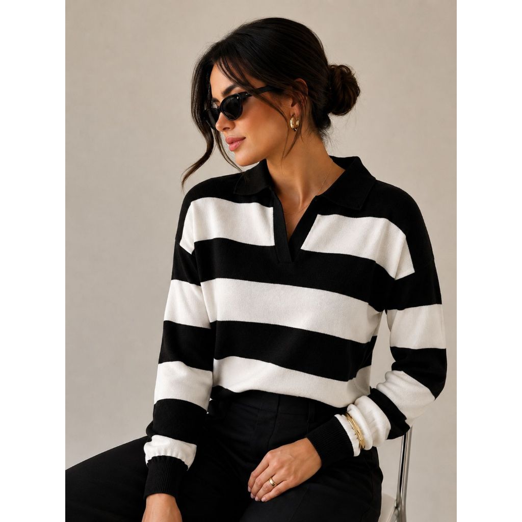 Blusa Feminina Tricô Modal Manga Longa Gola Polo Listrada Casual