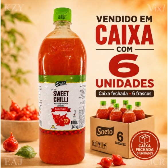 Cx Molho de Pimenta Soeto Agridoce Biquinho Sweet Chilli Grande 1litro Kilo Churrasco Picante Pastel