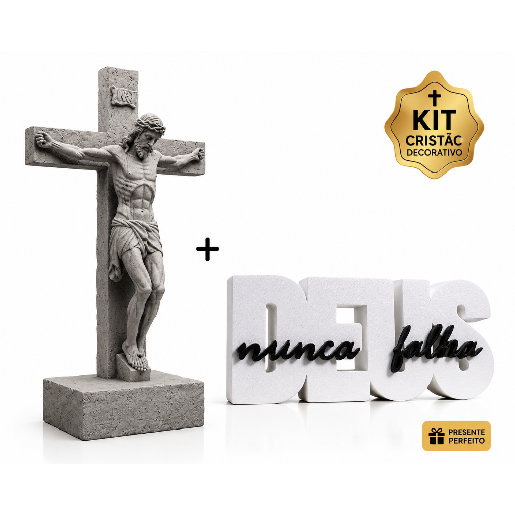Kit Decorativo Deus Nunca Falha + Crucifixo de Mesa Jesus | Decoração Religiosa Cristã Presente Sala Rack Aparador