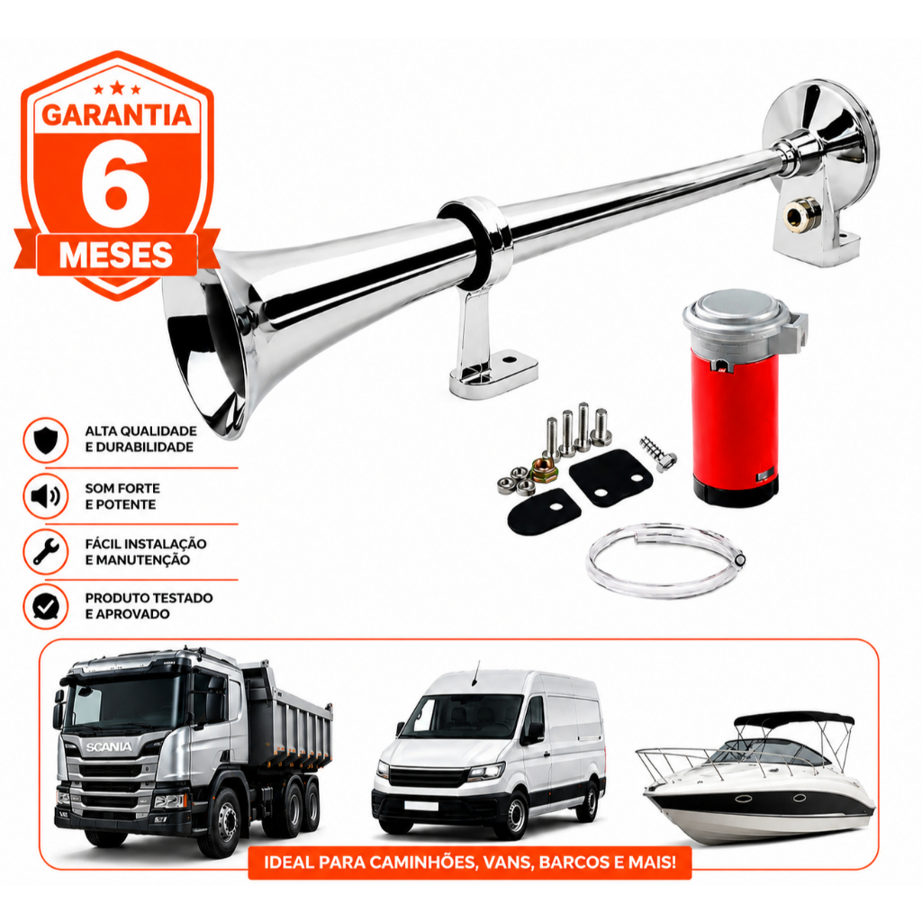 Buzina Maritima 45cm 12v com compressor cromada