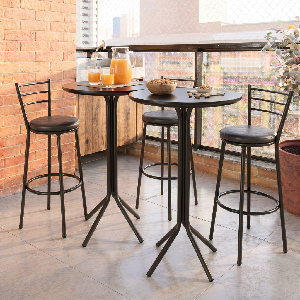Mesa Kit 2x Bistrô Alto Tampo MDF Redondo Aço Bar Cozinha Gourmet Balcão Lanchonete - Blue Moby