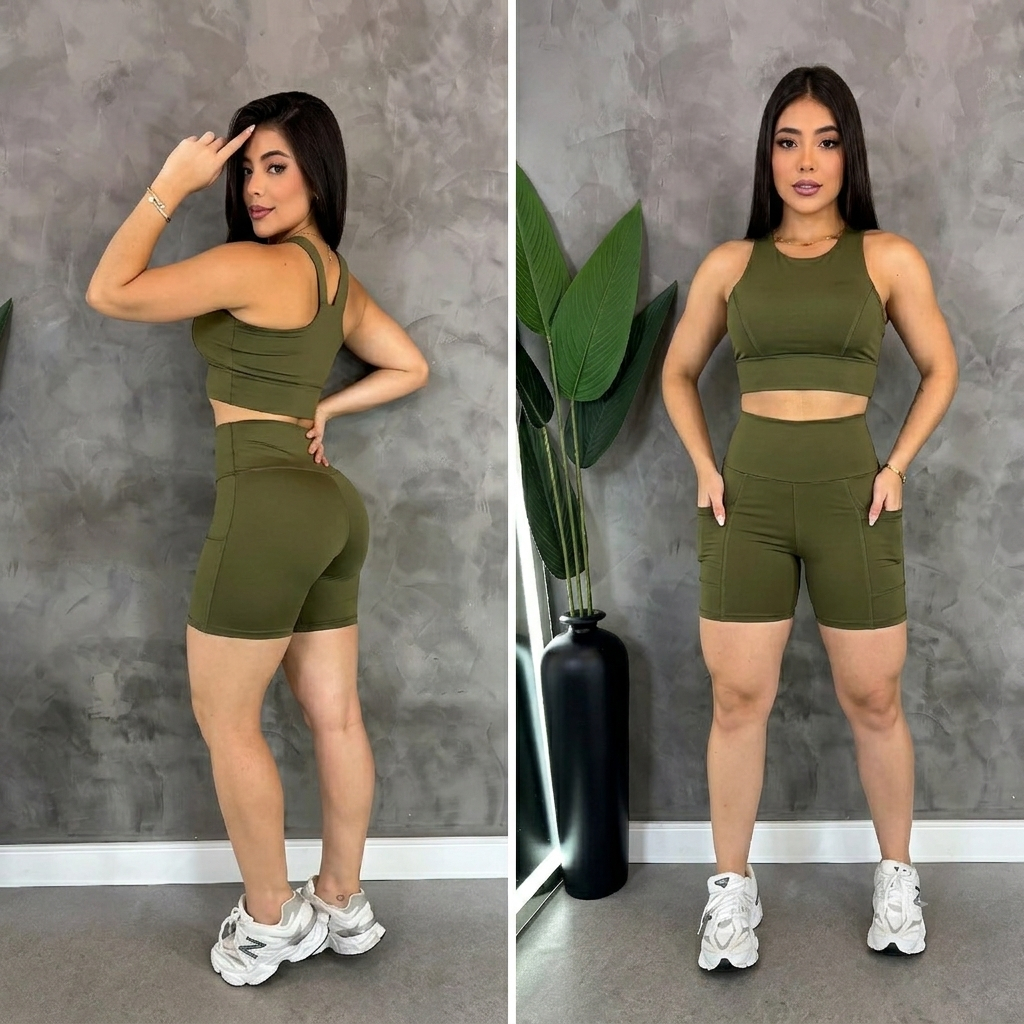 Conjunto Fitness Feminino Academia Top e Bermuda Ciclista com Bolsos Cintura Alta Modelador