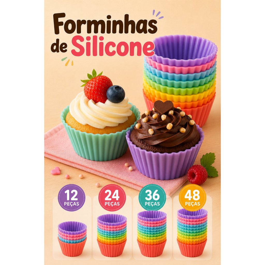 Conjunto 12/24/36 Peças Forma de Silicone Redonda para Cupcake de 7 cm para Assar Bolos
