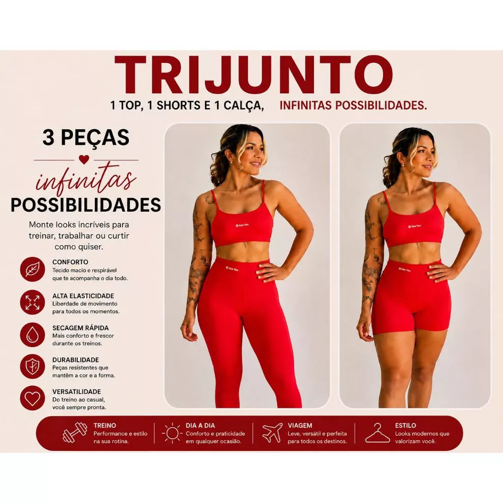 Tri-Junto Legging + Short Cintura Alta + Top Forrado com entrada Bojo