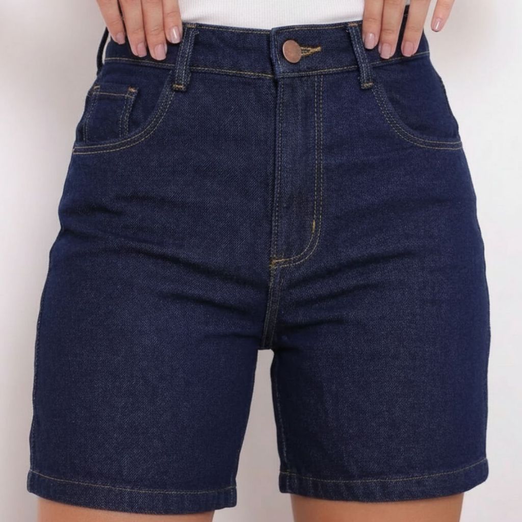 Bermuda Jeans Feminina Cintura Alta Escura Com Bolsos