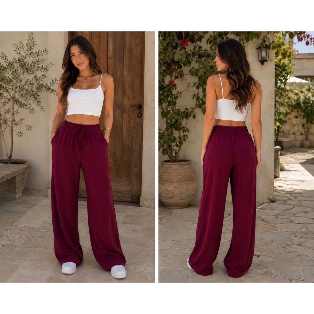 Calça Pantalona Feminina Cintura Alta Com Bolso Tecido Dunas