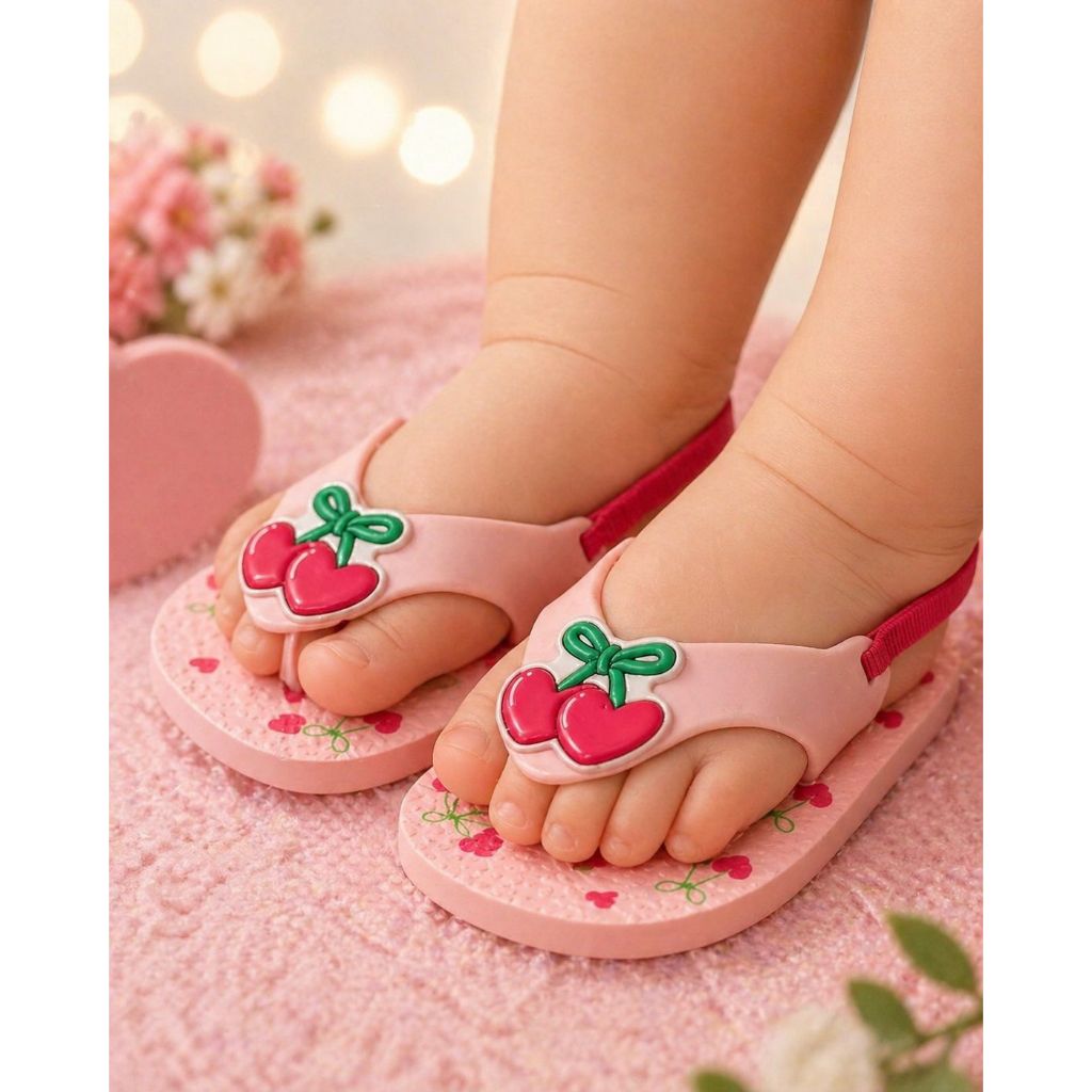 Sandália Infantil Bebê Menina Chinelo Antiderrapante Estampa Cereja Rosa Confortável de dedo com elastico ajustavel